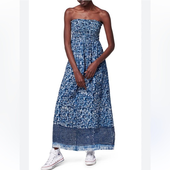 Faherty Women’s Blue Margarita Strapless 100% Linen Maxi Dress Size Medium - Picture 1 of 11